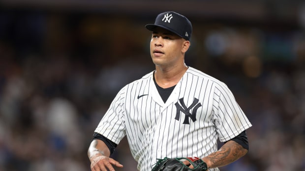 Aug 23, 2022; Bronx, New York, USA; New York Yankees starting pitcher Frankie Montas (47) walks off the field after being relieved during the sixth inning against the New York Mets at Yankee Stadium. Mandatory Credit: Vincent Carchietta-USA TODAY Sports 